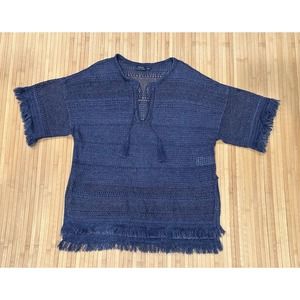 POLO Ralph Lauren Linen Fringe Crochet Tunic Top Blue Sweater Women’s Sz M EUC